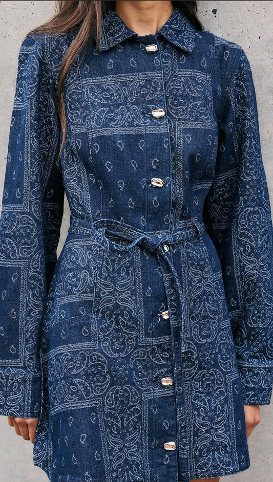 Paisley Jacquard Denim Shirt Dress featuring a collared neckline and intricate paisley design.