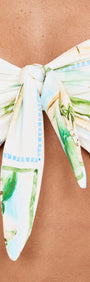 Island Postcard Knot Front Strapless Bikini Top featuring a front knot detail in a postcard-inspired print.