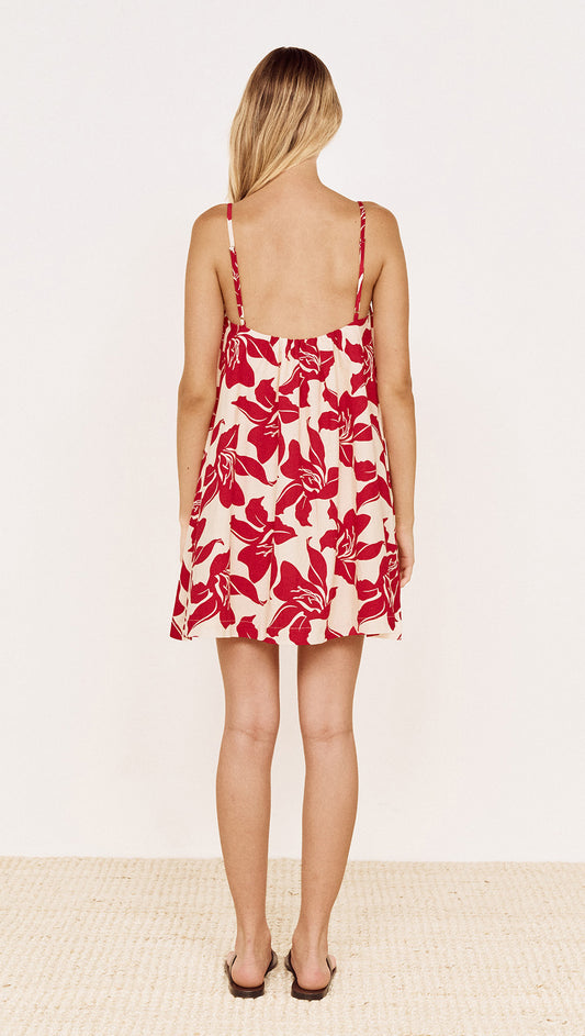 Cotton A-Line Mini Dress in Red Floral worn by a model, showcasing the back view and vibrant floral design.