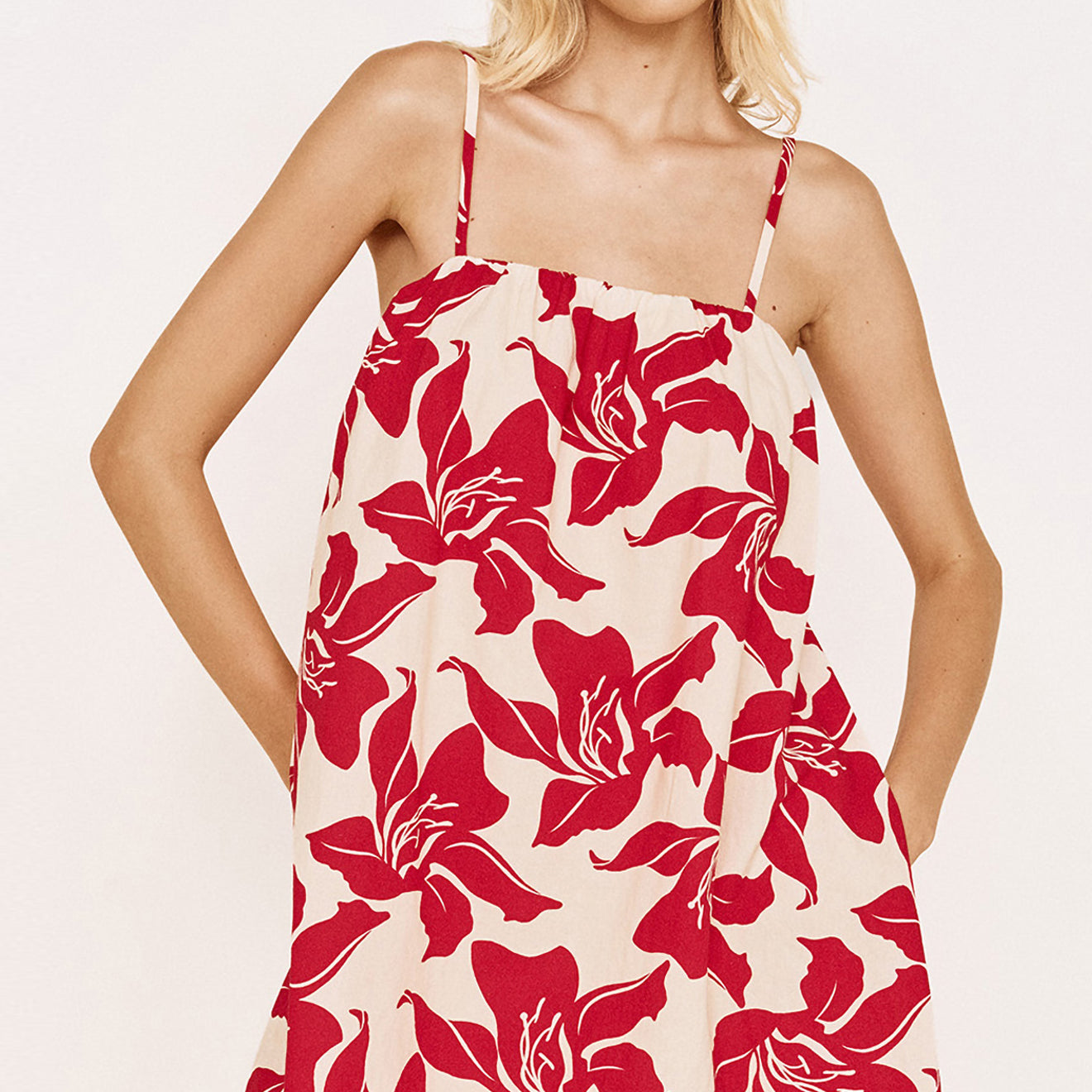 Cotton A-Line Mini Dress in Red Floral featuring a bold red floral print and adjustable tie shoulder straps.