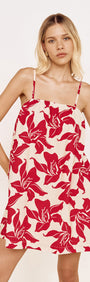 Cotton A-Line Mini Dress in Red Floral featuring a bold red floral print and adjustable tie shoulder straps.