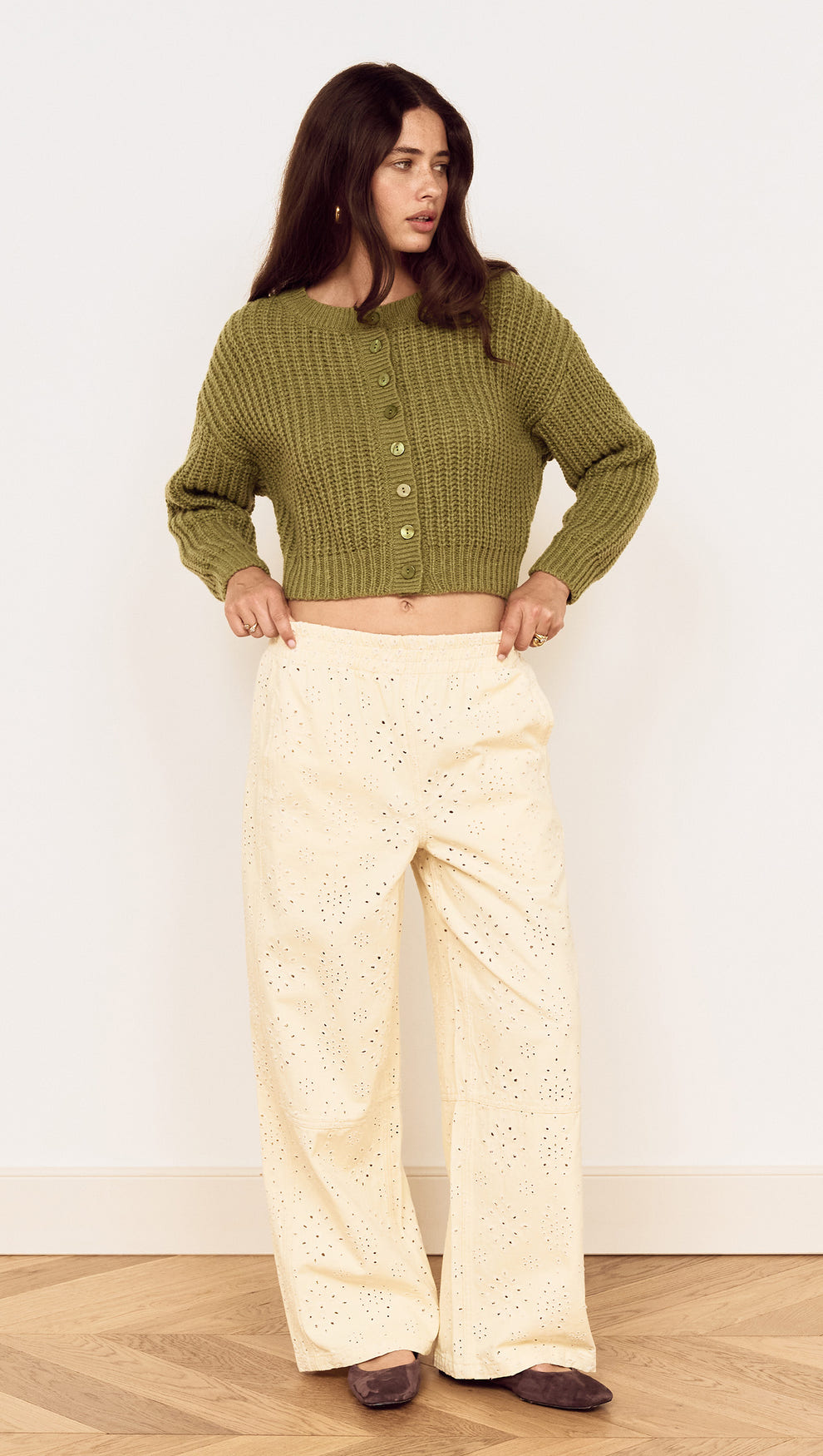 Green Cable Knit Cropped Cardigan
