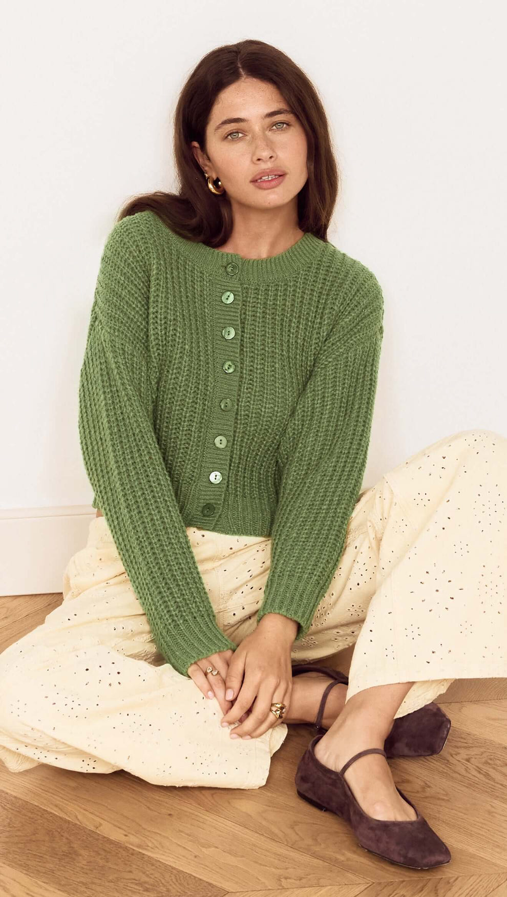 Green Cable Knit Cropped Cardigan