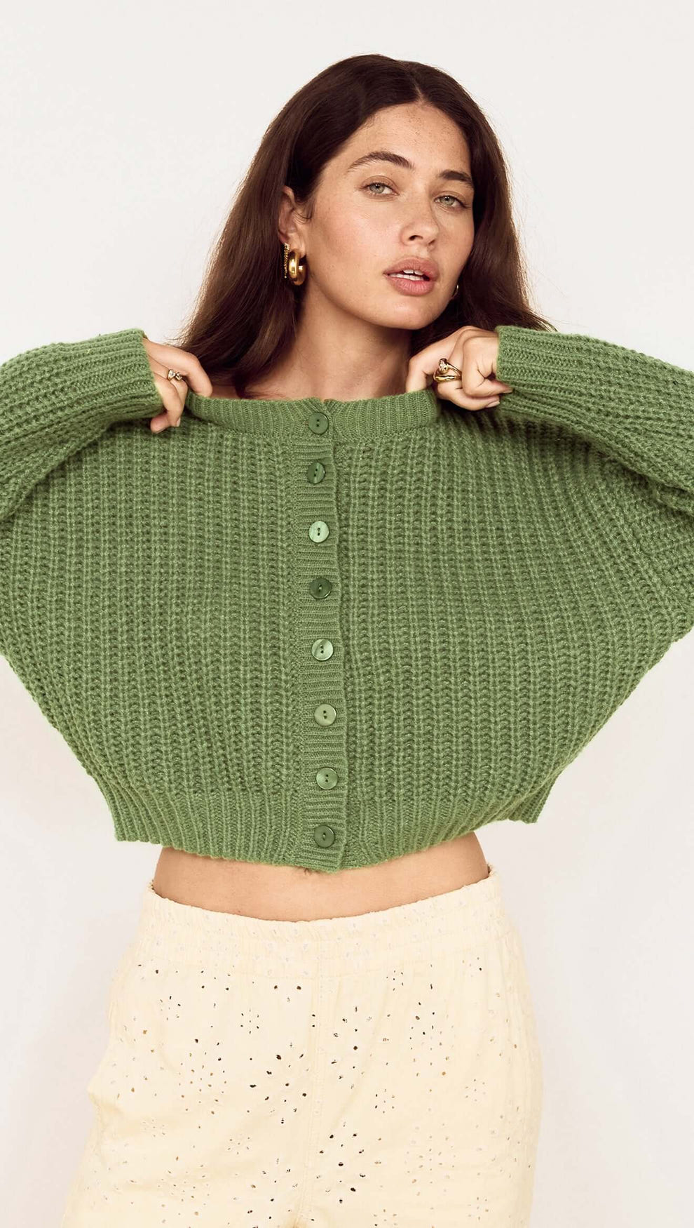 Green Cable Knit Cropped Cardigan