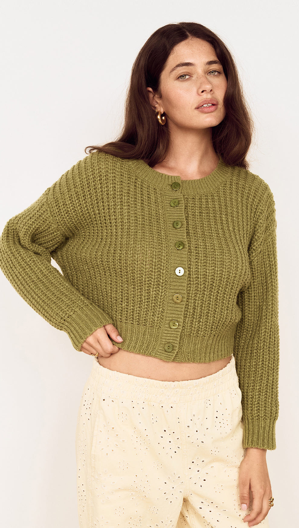 Green Cable Knit Cropped Cardigan
