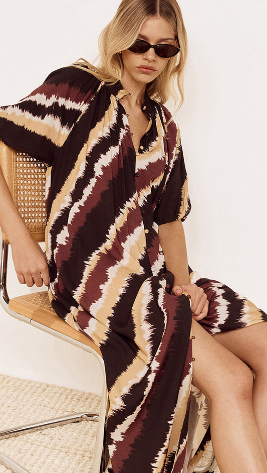 Puff Sleeve Belted Shirt Dress in Abstract Stripe worn by model, featuring an abstract diagonal stripe print.