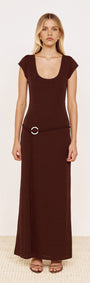 Cap Sleeve Mesh Maxi Dress in Chocolate worn by a model, featuring cap sleeves, scoop neckline and a belt with ring hardware.