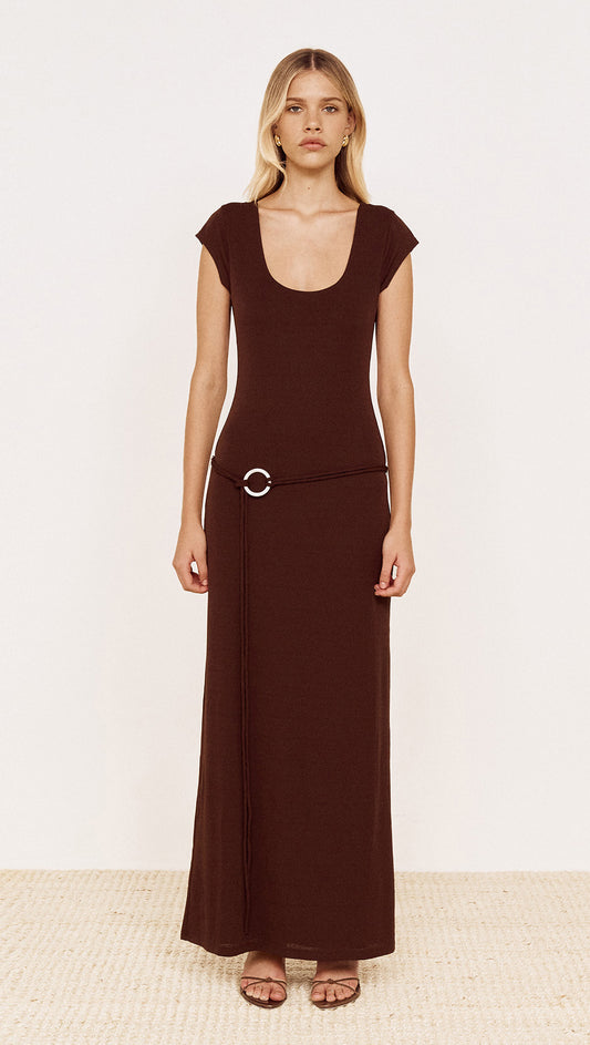 Cap Sleeve Mesh Maxi Dress in Chocolate worn by a model, featuring cap sleeves, scoop neckline and a belt with ring hardware.