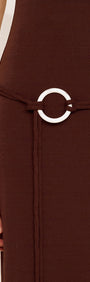 Detail of the Cap Sleeve Mesh Maxi Dress in Chocolate showcasing the slim tie and statement ring hardware.