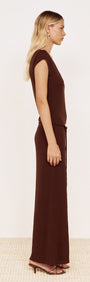 Side view of a model wearing a Cap Sleeve Mesh Maxi Dress in Chocolate with a scoop neckline and cap sleeves.