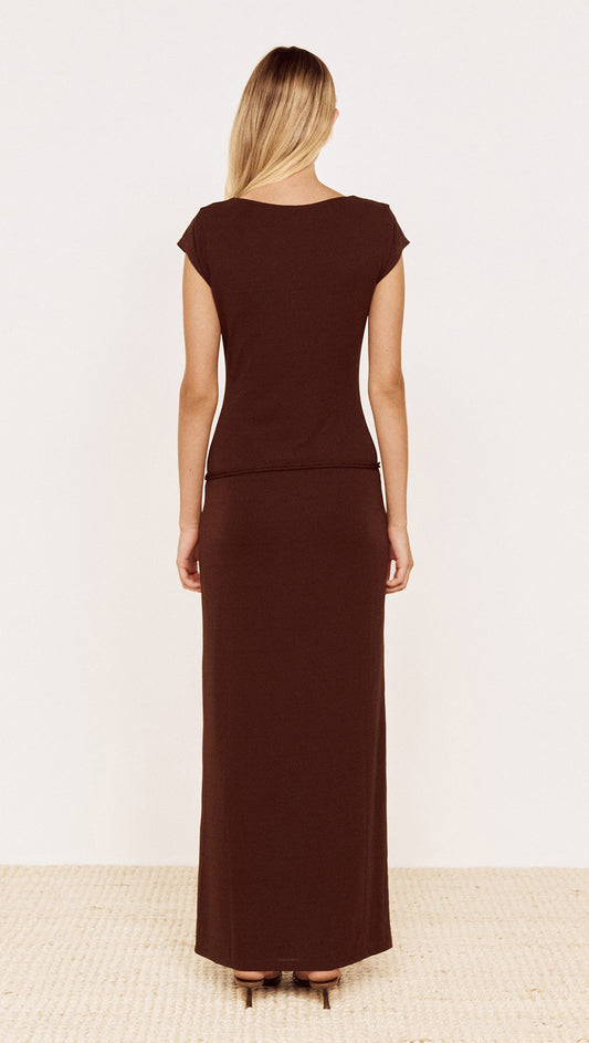 Cap Sleeve Mesh Maxi Dress in Chocolate