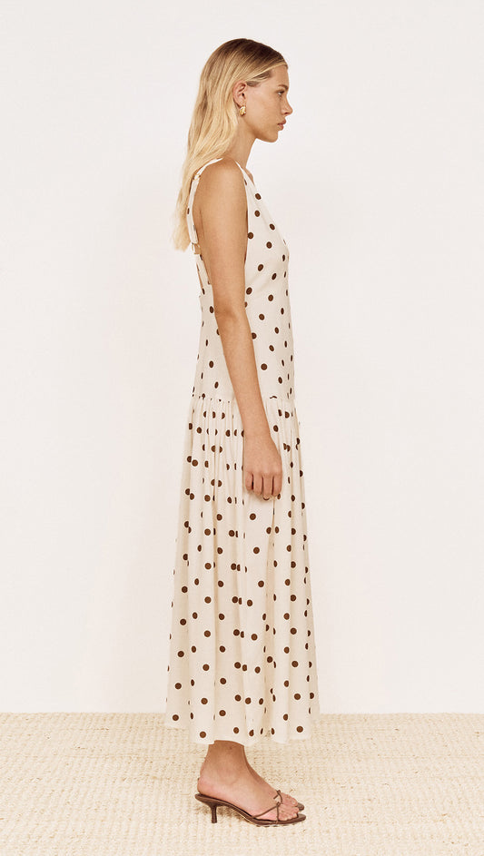 Side view of the Drop Waist Midi Dress in Chocolate Spot, showcasing its chocolate spot print and relaxed silhouette.