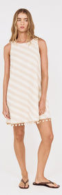 Cotton Linen Blend Mini Dress with Shell Detail worn by a model, featuring a relaxed fit and shell-drop trim hem.
