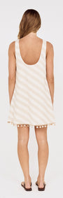 Cotton Linen Blend Mini Dress with Shell Detail in a soft diagonal stripe, featuring a scooped back and shell-drop trim.