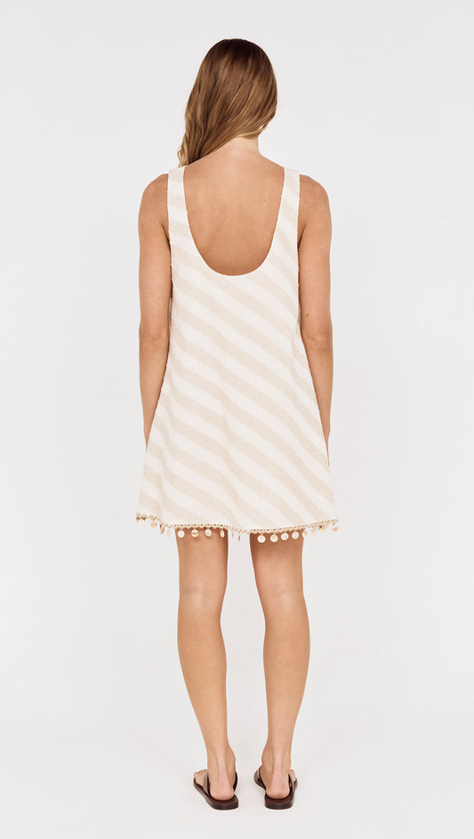 Cotton Linen Blend Mini Dress with Shell Detail in a soft diagonal stripe, featuring a scooped back and shell-drop trim.