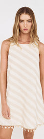 Cotton Linen Blend Mini Dress with Shell Detail worn by a model in a light striped pattern.