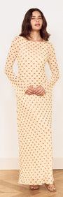 Butter Yellow Polka Dot Midi Dress featuring a boat neckline and flared sleeves in a lightweight fabric.