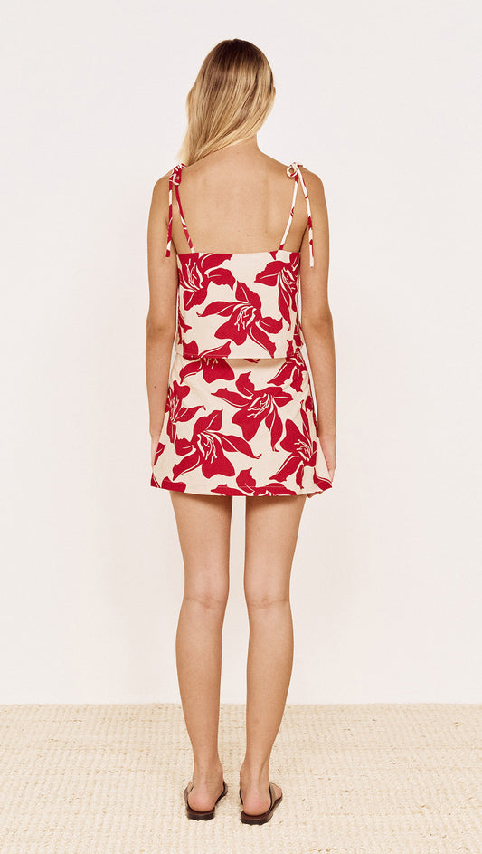 Red Floral Cotton Top with Tie Detail featuring a playful back view and adjustable tie shoulder straps.