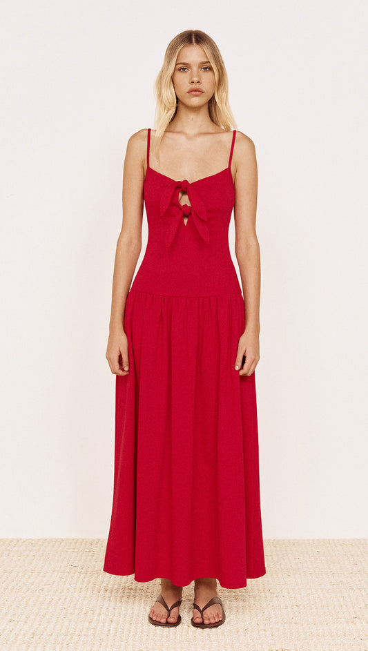 Cotton Jersey Tie Front Midi Dress in Red displayed on a model with a sweetheart neckline and tie-front detail.