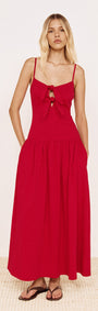 Cotton Jersey Tie Front Midi Dress in Red, featuring a fitted bodice, sweetheart neckline, and double tie-front detail.