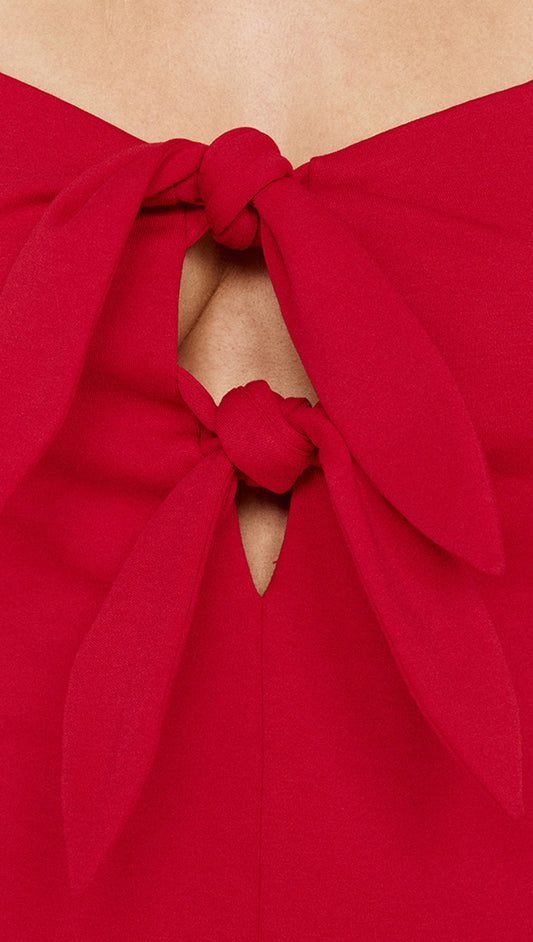 Close-up of the Cotton Jersey Tie Front Midi Dress in Red showing double tie-front detail and front cut-out.