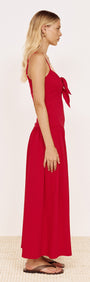 Cotton Jersey Tie Front Midi Dress in Red side view on a model, showcasing tie-front detail and gathered skirt.