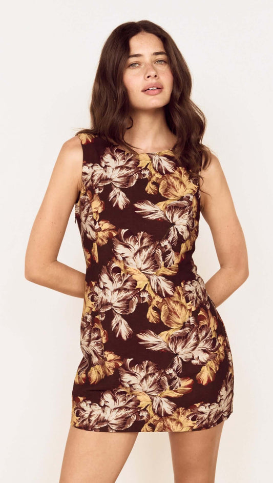 Brown Floral Tie Back Shift Dress worn by model, showcasing a fitted mini silhouette with floral print.