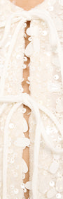 Flute Sleeve Sequin Tie Blouse in Cream featuring all-over sequin embellishment and a tie-front design.