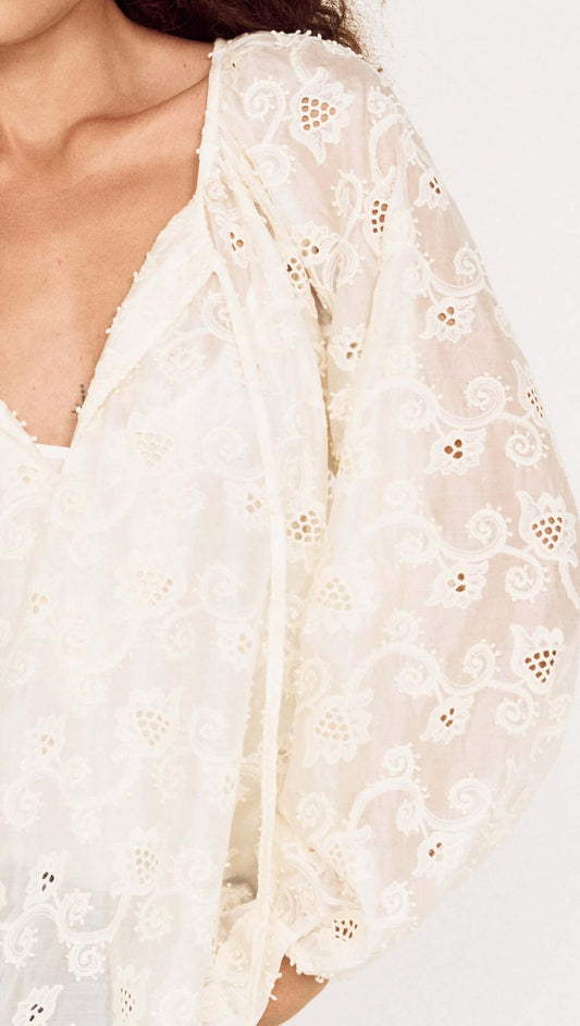 Cream Broderie Baloon Sleeve Blouse