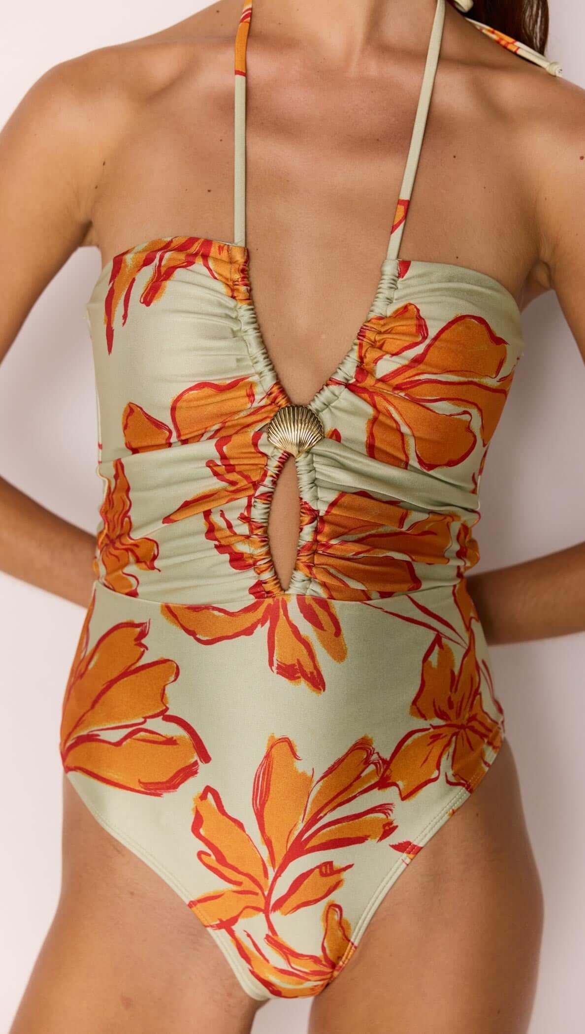 Green & Orange Floral Cut Out Swimsuit with Shell Embellishment