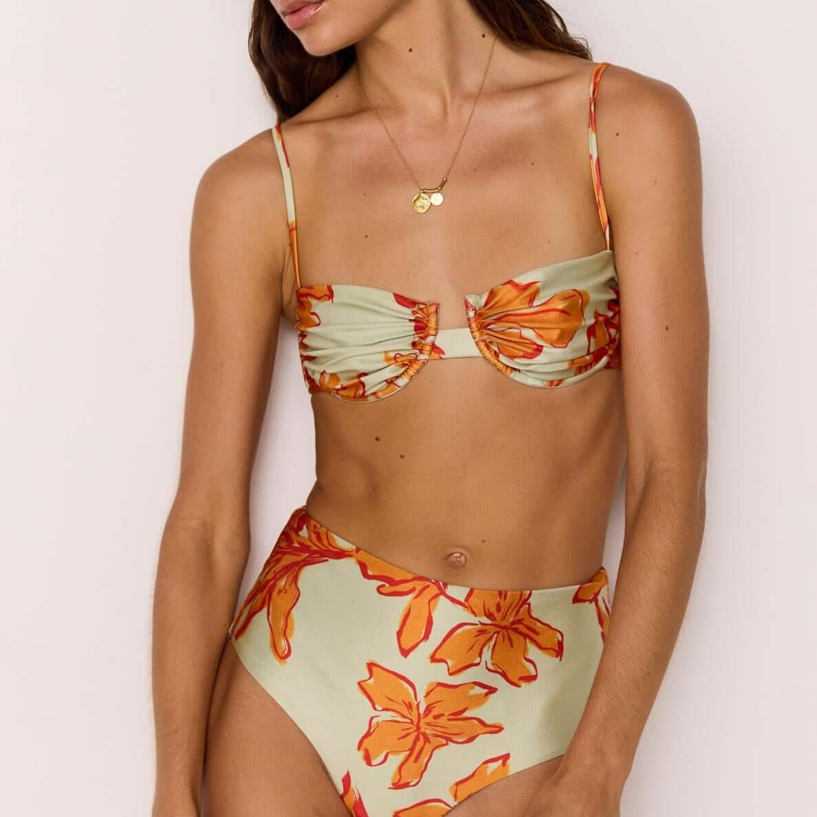 Green & Orange Gathered Bra Top featuring a floral print and gathered cups, perfect for beachwear.