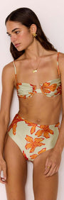 Green & Orange Gathered Bra Top featuring a floral print and gathered cups, perfect for beachwear.