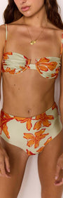 Green & Orange Gathered Bra Top showcased on model in vibrant floral design with gathered cups and adjustable straps.