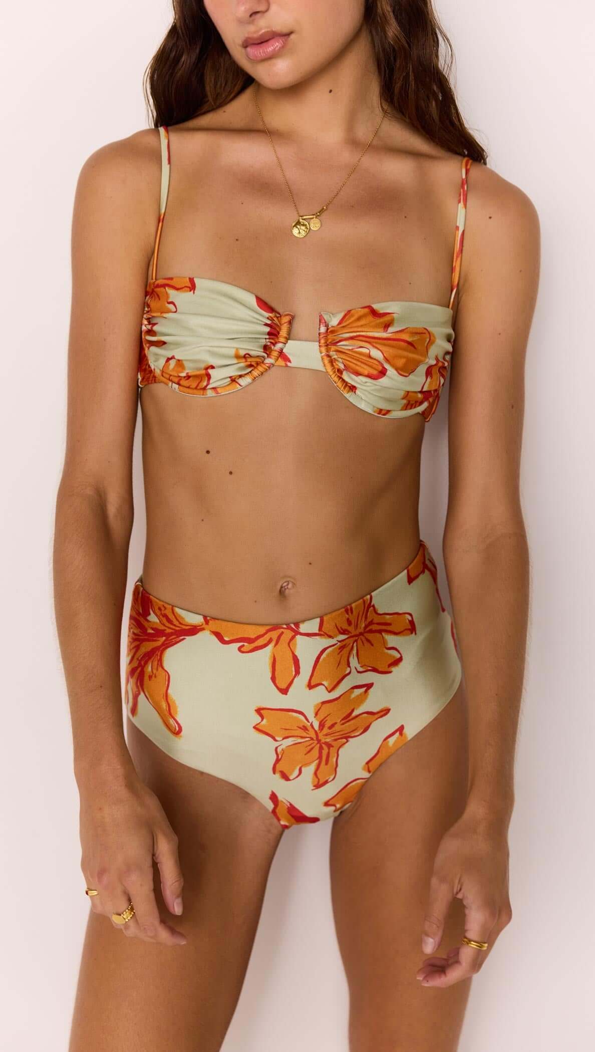 Green & Orange Gathered Bra Top showcased on model in vibrant floral design with gathered cups and adjustable straps.