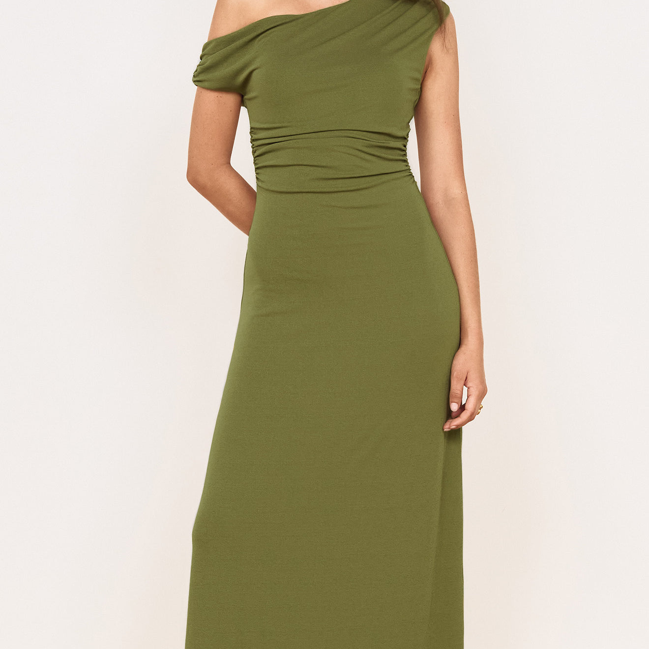 Green One Shoulder Mesh Midi Dress in a soft stretch mesh, featuring an asymmetrical silhouette and gathered details.