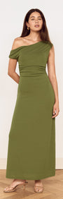 Green One Shoulder Mesh Midi Dress in a soft stretch mesh, featuring an asymmetrical silhouette and gathered details.