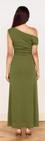 Back view of Green One Shoulder Mesh Midi Dress showcasing its elegant fit and gathered detailing.