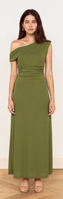 Green One Shoulder Mesh Midi Dress on a model showcasing its elegant off-shoulder design and gathered detailing.