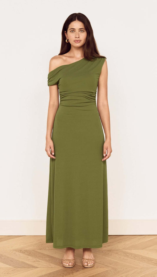 Green One Shoulder Mesh Midi Dress on a model showcasing its elegant off-shoulder design and gathered detailing.