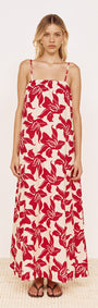 Model wearing a Cotton Maxi Sun Dress in Red Floral with a relaxed fit and adjustable straps.