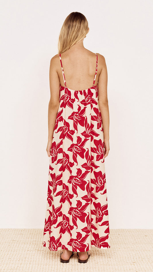 Cotton Maxi Sun Dress in Red Floral back view showing relaxed fit and adjustable straps