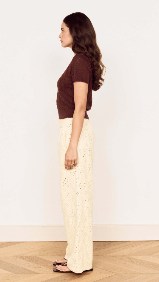 Model wearing the Brown Scallop Edge Knitted Tee styled with beige wide-leg pants, showcasing a side view.