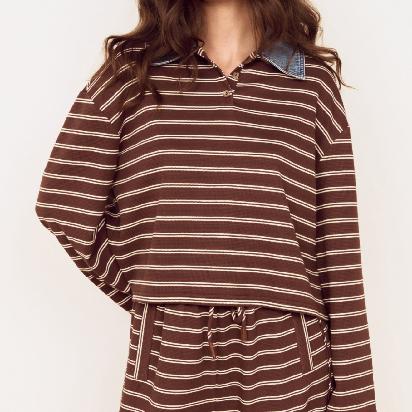 Contrast Collar Striped Jersey Polo Top showcasing a relaxed fit with chocolate stripes and denim collar, perfect for casual wear.