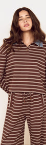 Contrast Collar Striped Jersey Polo Top showcasing a relaxed fit with chocolate stripes and denim collar, perfect for casual wear.