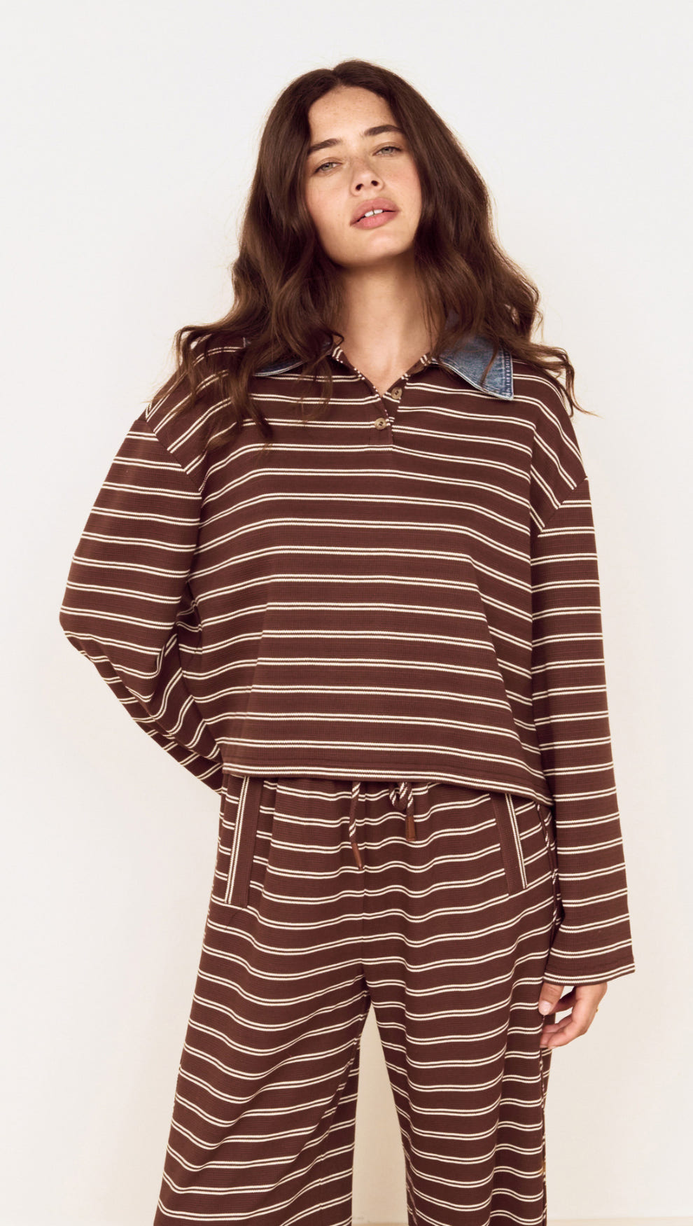 Contrast Collar Striped Jersey Polo Top showcasing a relaxed fit with chocolate stripes and denim collar, perfect for casual wear.