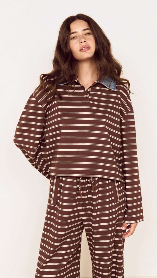 Contrast Collar Striped Jersey Polo Top showcasing a relaxed fit with chocolate stripes and denim collar, perfect for casual wear.