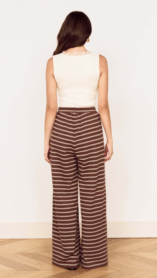 Model wearing Stripe Relaxed Drawstring Jersey Pant with a vintage chocolate stripe design from the back.