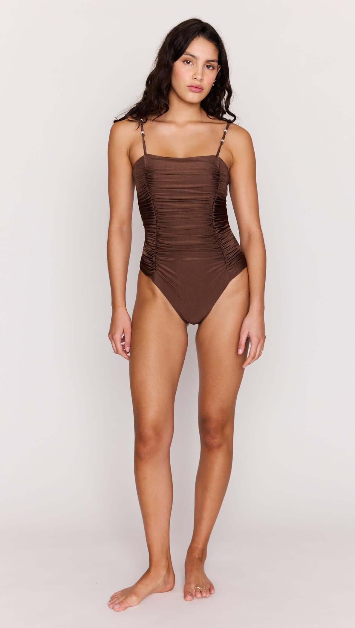 Chocolate Brown Ruched One-Piece Swimsuit - Chic & Sleek – MINKPINK