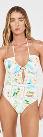 Model wearing the Island Postcard One Piece with Shell Detail featuring a front keyhole and halter neckline.