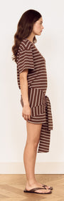 Striped Tie Waist Jersey Mini Dress side view featuring chocolate stripe print and adjustable tie detail at the waist.